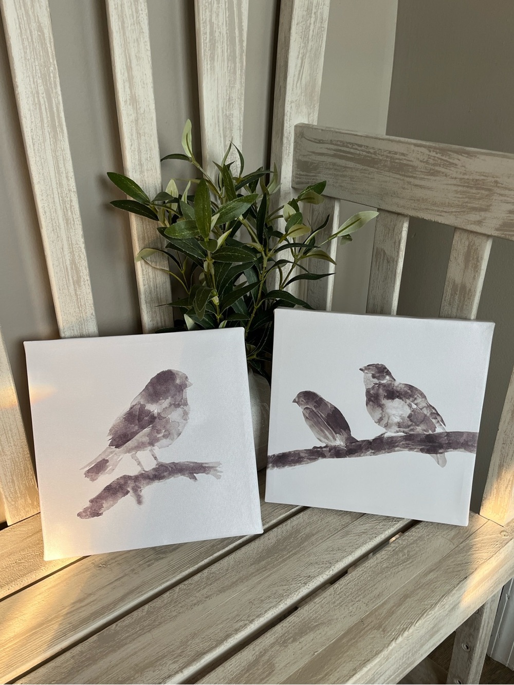 Neutral Watercolor Bird Canvas Art - Two Birds on a Branch ~New~